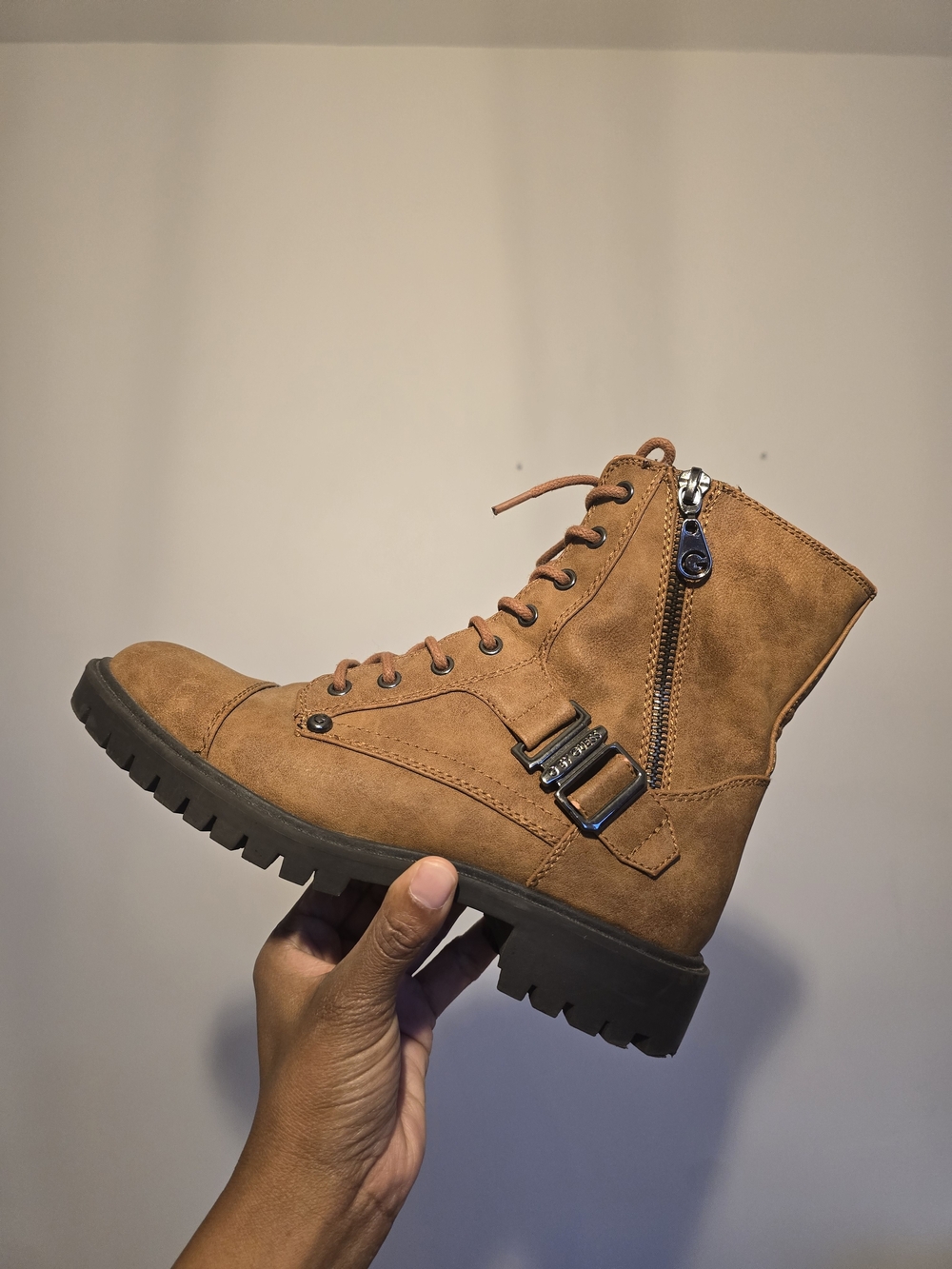 G BY GUESS Tan Suede Combat Boots with Side Zip